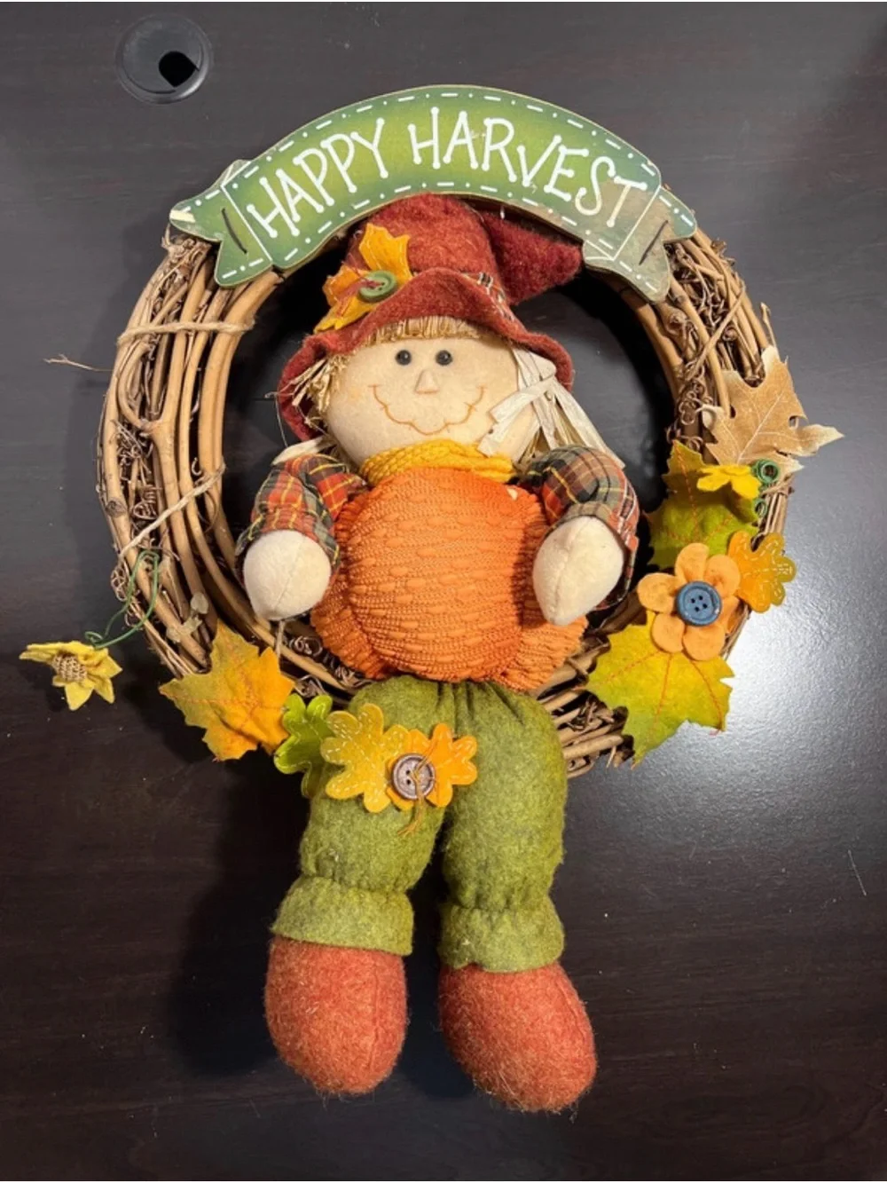 Vintage Happy Harvest Scarecrow Wreath - Green & Orange Fall Door Decor